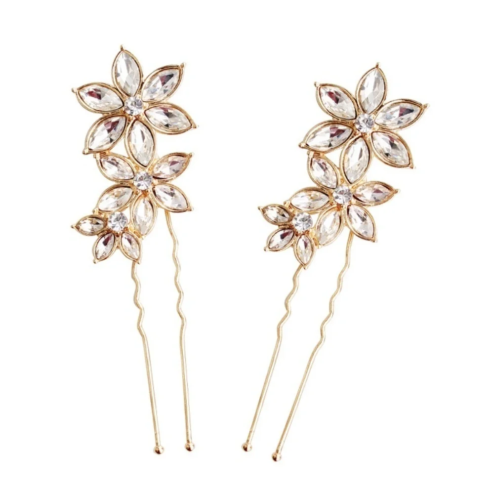 *PRISCILLA* 2-Pc Gold Rhinestone Flower Hair Clip